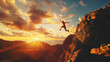 © Samira - Man jumping over precipice between two rocky mountains at sunset. Freedom, risk, challenge, success
