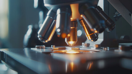 Wall Mural - close-up view of laboratory microscope with scientific instruments