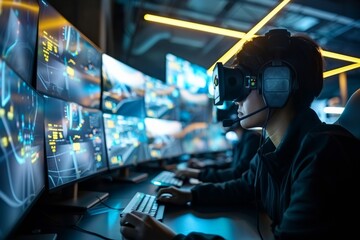 Poster - Diverse Security Team Monitoring CCTV in High-Tech Control Room, Daytime - Teamwork in Advanced Surveillance