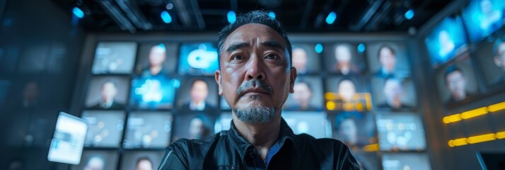 Poster - Middle-Aged Asian Male Technician Demonstrating AI-Powered Facial Recognition on CCTV in Modern Office Setting
