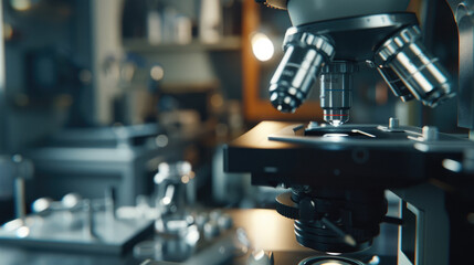 Wall Mural - close-up view of laboratory microscope with scientific instruments
