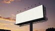© DreamyStudio - Blank white road billboard with cityscape background at sunset. Street advertising poster, mock up, 3D rendering. Side view. The concept of marketing communication to promote or sell idea