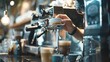 © shaiq - Barista Making Espresso: In a busy coffee shop, a barista expertly pulls shots of espresso, ensuring the perfect balance of flavor and crema