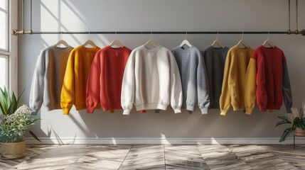 Wall Mural - A neat array of colorful sweatshirts hangs in a row on a metal rack against a modern, minimalist background