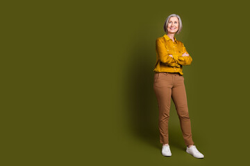 Poster - Full length photo of cheerful attractive lady dressed blouse arms crossed looking empty space isolated khaki color background