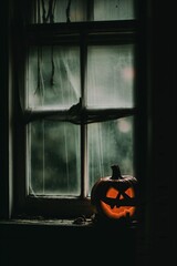 image of a Halloween pumpkin resting by the window, creepypasta style, mysterious backgrounds, exciting, Halloween, eerily realistic, void, dark and creepy themes