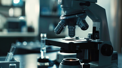 Wall Mural - close-up view of laboratory microscope with scientific instruments