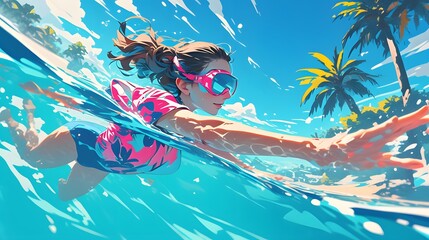 Wall Mural - swimming in the pool, woman with long wavy red hair wearing a pink and blue pastel neon suit floating underwater, which in Generate AI