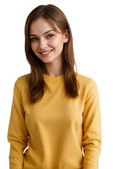 Wall Mural - Attractive Russian woman wearing a yellow pullover, smiling and looking at the camera, isolated, transparent background, no background. PNG.