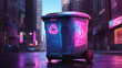 © Muzamil - A black and gray trash can with a pink and blue neon reciclaje symbol on it