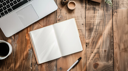 A clean and organized workspace featuring an open laptop, a blank notebook, a pen, and a cup of coffee on a rustic wooden table.
