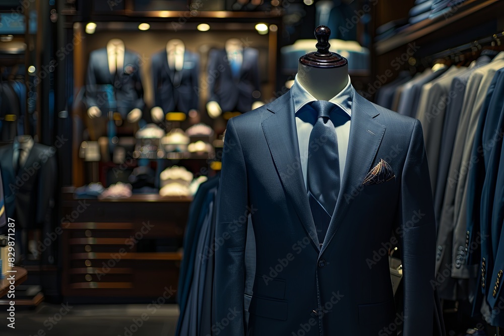 Dark navy blue suit and tie ensemble showcased on a male mannequin in a ...