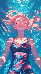 Wall Mural - swimming in the pool, woman with long wavy red hair wearing a pink and blue pastel neon suit floating underwater, which in Generate AI