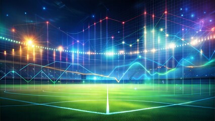 Multi exposure of abstract virtual financial graph hologram on soccer field background, forex and investment concept