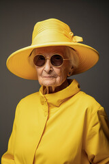 Wall Mural - A woman in a yellow hat and yellow jacket is wearing sunglasses. She is smiling and looking at the camera
