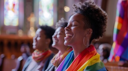 LGBTQ individuals finding acceptance and affirmation within diverse religious communities, challenging stereotypes. --ar 16:9 --style raw Job ID: 1180c9b6-989d-4b22-8e74-96130982b476