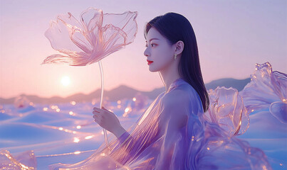 Wall Mural - woman in a purple dress holding a flower in front of a sunset