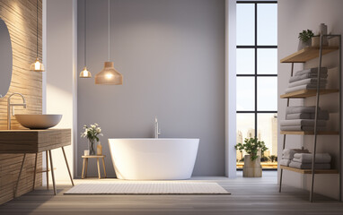 Wall Mural - there is a bathtub in a bathroom with a large window