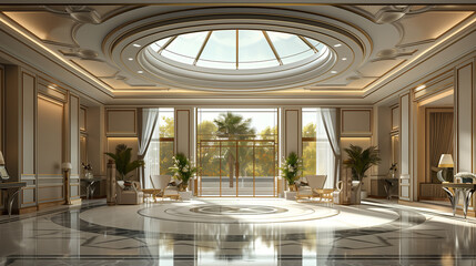 Wall Mural - there is a large room with a large circular window and a marble floor