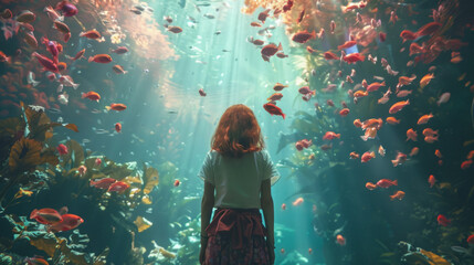 Girl in aquarium admiring colorful fish and marine life