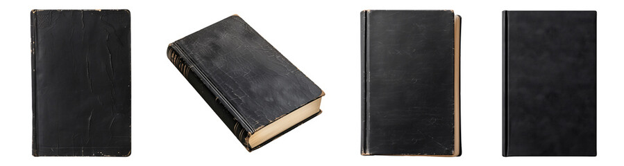 Mockup of isolated books with blank black cover on a transparent background. Set of 4 classic antique old books in front view and isometric view. Volume 2.