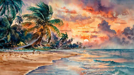 Tropical pacific island with palm trees and setting sun on the ocean horizon