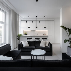 Wall Mural - there is a black couch and a white table in a living room