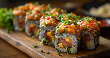 Sticker - there are sushi rolls on a wooden board with sauce and vegetables