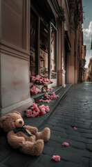 Canvas Print - there is a teddy bear sitting on the sidewalk next to a building