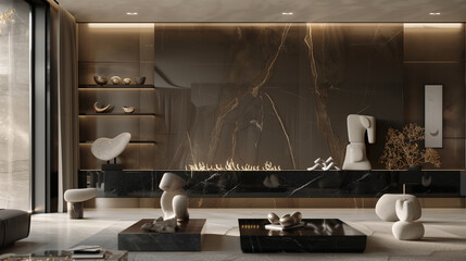 Wall Mural - there is a living room with a marble wall and a black and white couch