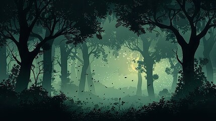 [flat 2d vector illustration of the forest scene, nature style, made of leaves, darker around edges, blacker background, darker background, no bloom, no glow, 