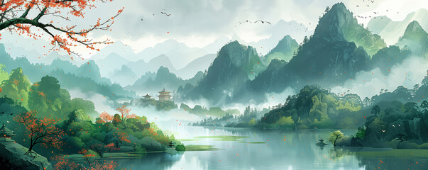 Wall Mural - there is a painting of a mountain lake with a pagoda in the background