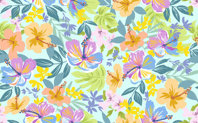 Wall Mural - A colorful hand-drawn style seamless pattern of hibiscus and monstera