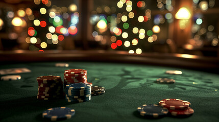 Poster - there are many poker chips on a green table with a christmas tree in the background