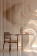 Wall Mural - there is a chair and a table in a room with a wall