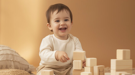 Wall Mural - there is a baby playing with wooden blocks on the floor