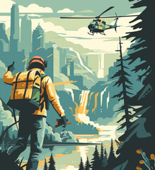 Poster - there is a man with a backpack and a backpack walking towards a helicopter