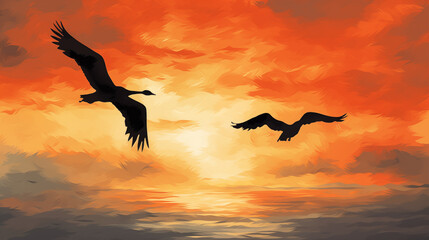 Wall Mural - there are two birds flying in the sky at sunset