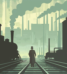 Wall Mural - there is a man walking down the train tracks with a hat on