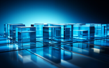 Wall Mural - there are many glass cubes on a table with a blue background