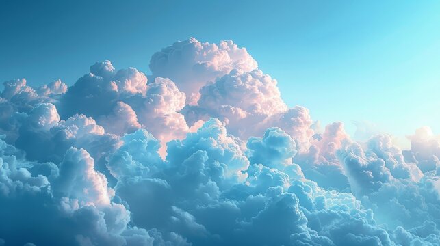 Create a minimalist digital artwork capturing the serene beauty of fluffy clouds against a clear blue sky. Use soft, pastel colors and simple shapes to evoke a sense of tranquility and relaxation.