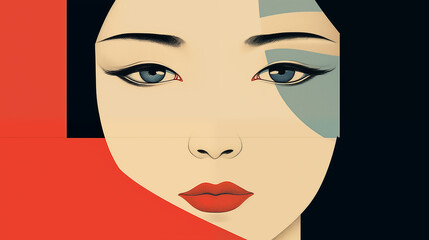 Poster - there is a woman with a red lipstick and a blue and white face