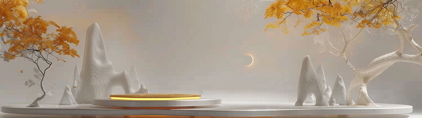 Wall Mural - there is a white table with a yellow plate and a tree