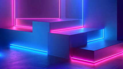Wall Mural - blue and lilac blocks with neon lines background. generative ai.