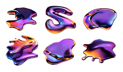 Wall Mural - y2k melty holographic shapes isolated. spilled liquid metal drops. futuristic metallic puddles