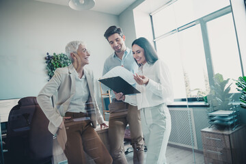 Wall Mural - Photo of business people senior lady discussing document with man girl reading clipboard in workstation