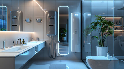 Integrated water heater in a high-tech bathroom with a smart mirror and touch-sensitive washbasin sink