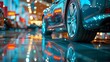 © horizon - A car showroom with cars parked on the left, blurred background, and a closeup of one gray vehicle's tires in focus.