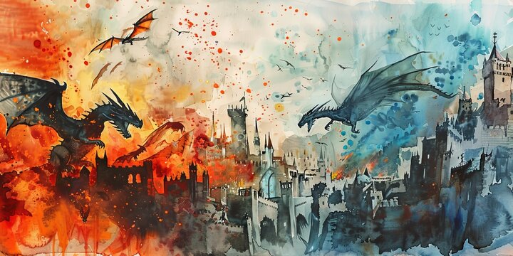 Two watercolor dragons, one red and one blue, are flying over a city