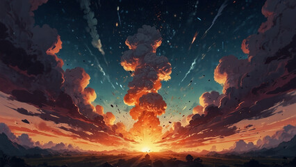 Epic anime style nuclear explosion background, cartoon blast with smoke clouds, fire and particles.